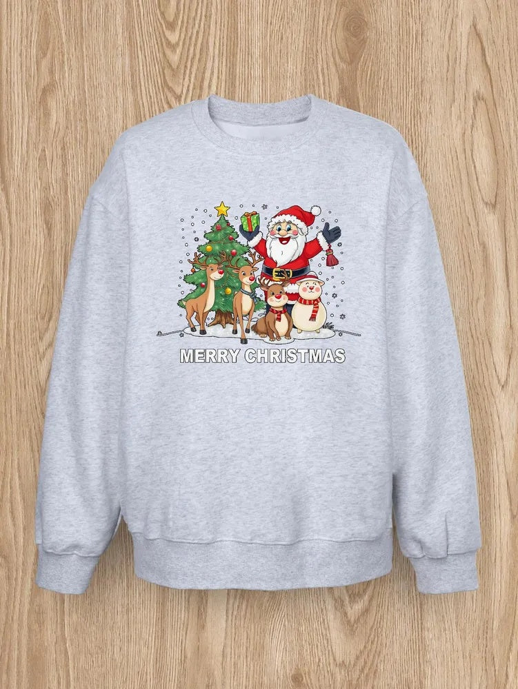 Little Elk & Santa Print Pullover – Casual Long Sleeve Top for Spring/Autumn