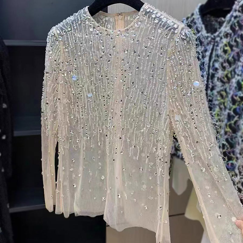 Crystal-Studded Diamond Blouse – Sequins Mesh Top