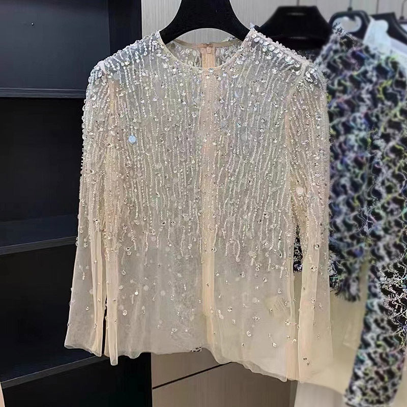 Crystal-Studded Diamond Blouse – Sequins Mesh Top