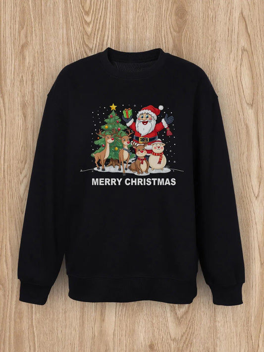 Little Elk & Santa Print Pullover – Casual Long Sleeve Top for Spring/Autumn