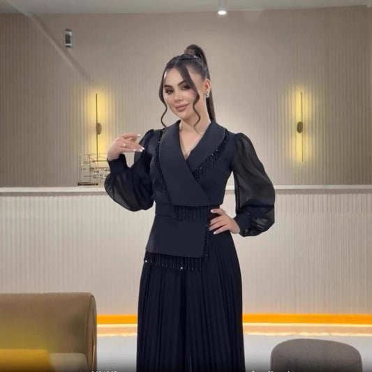 Mesh Tassel Pleated Suit Dress