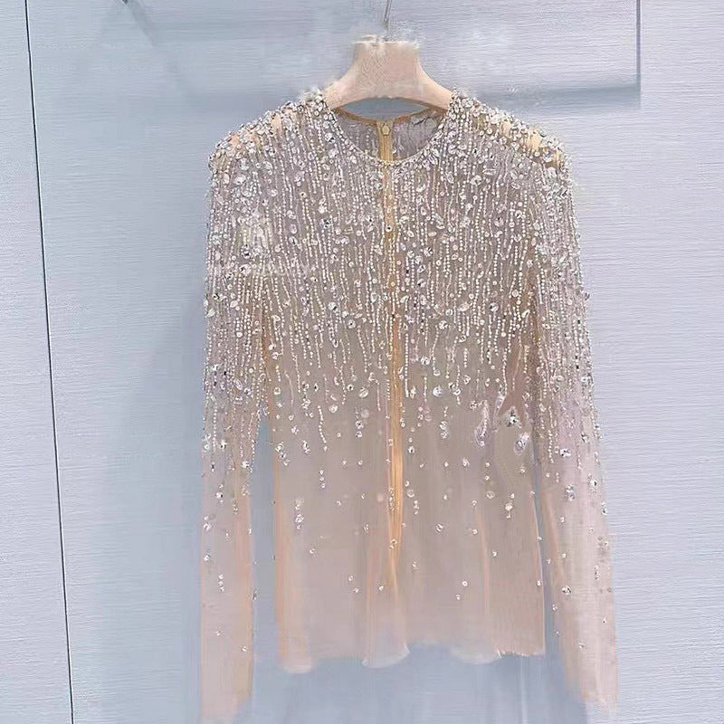 Crystal-Studded Diamond Blouse – Sequins Mesh Top